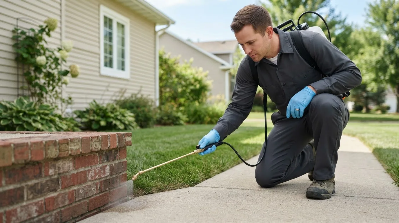 Pest control technician treating a home near Bellevue, MI