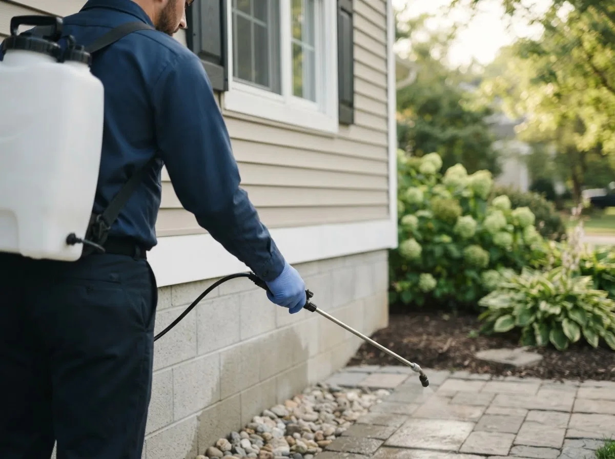 Pest control technician inspecting a home in Bellevue, MI